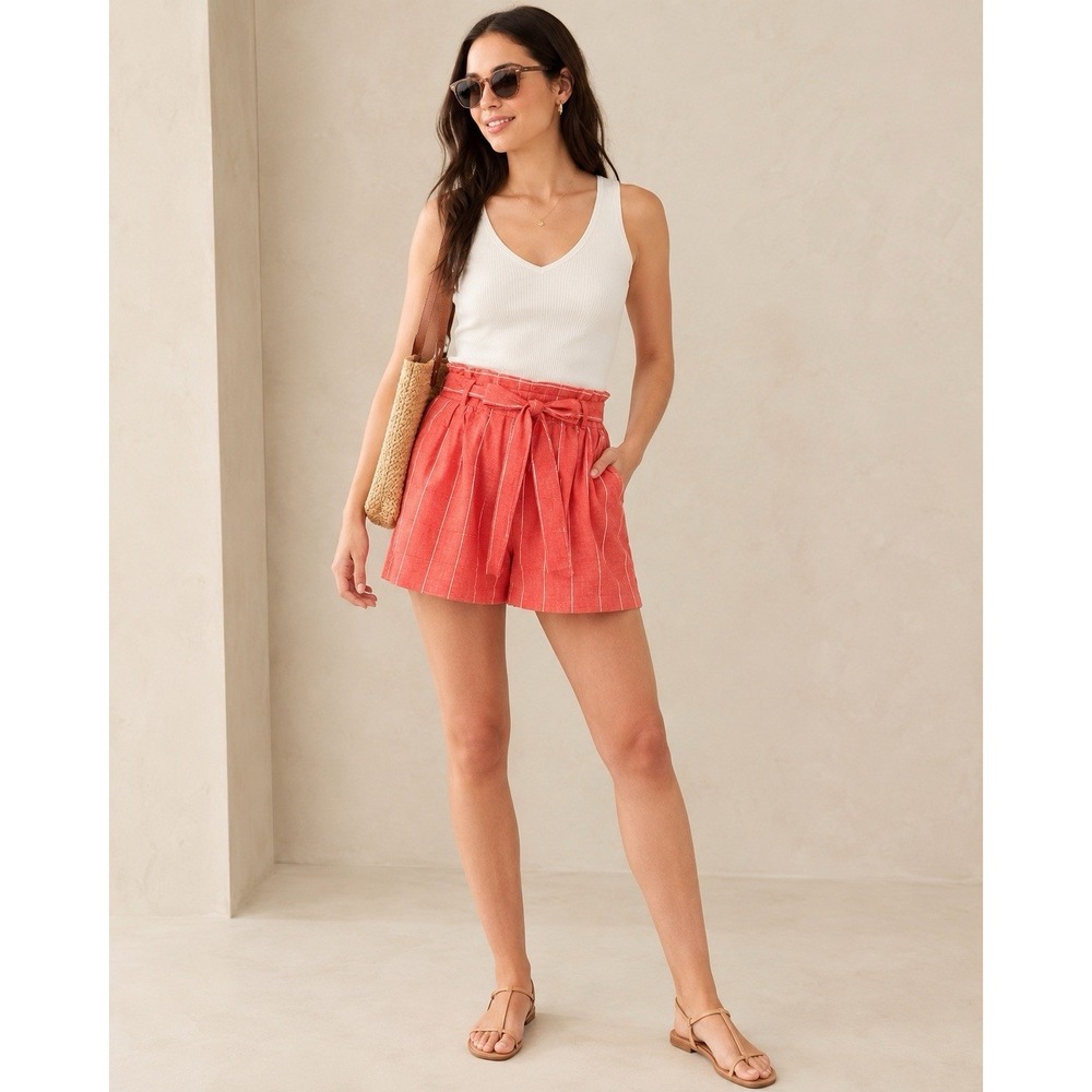 Banana Republic Linen Blend Shorts Size 4 Coral Pink Striped Tie Waist